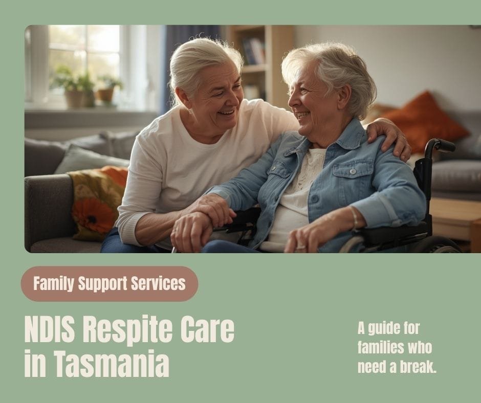 a carer and family member sharing a relaxed moment at home in Hobart 