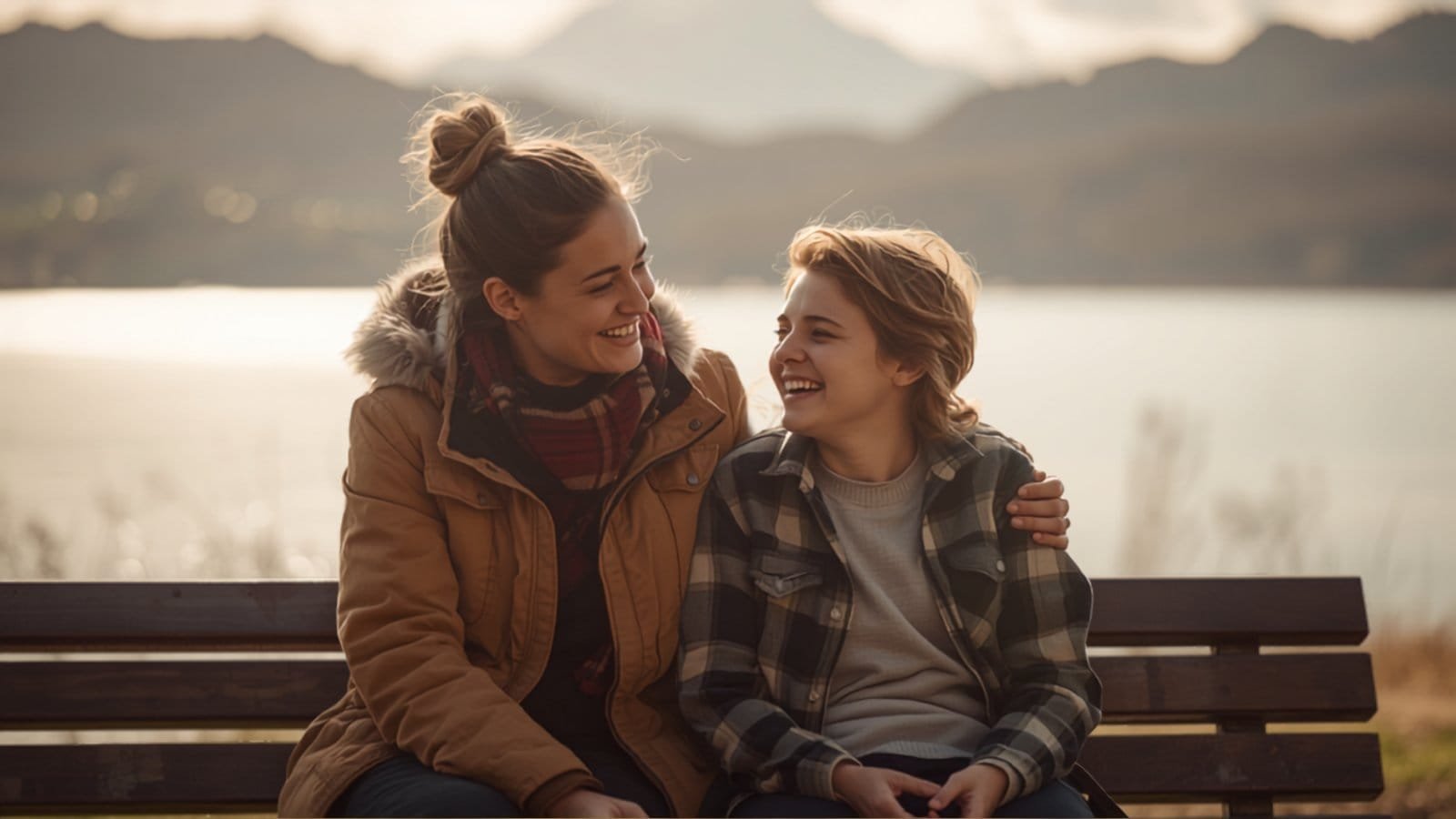 Support worker and NDIS participant laughing together at Hobart waterfront with kunanyi Mount Wellington behind