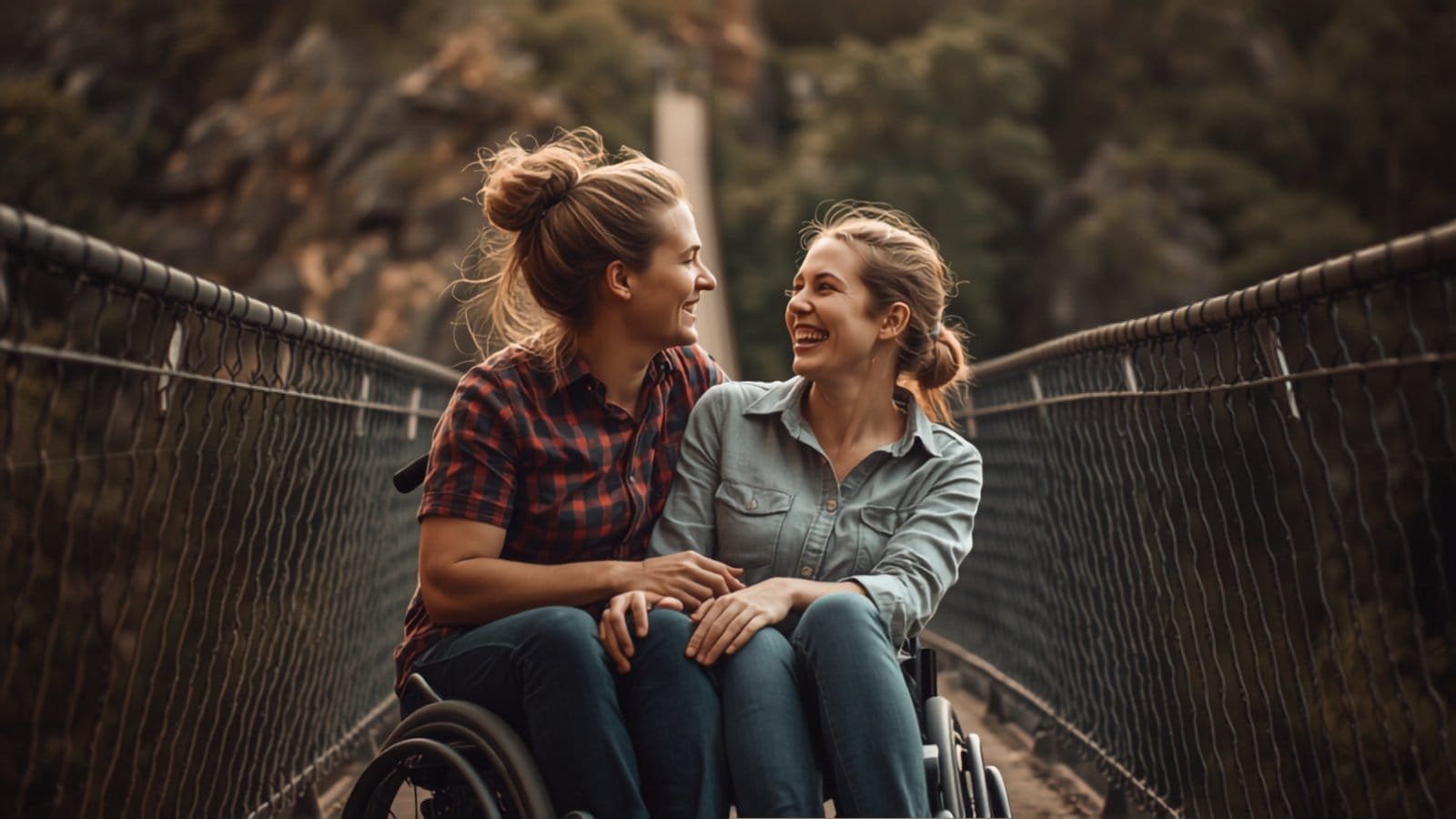 Support worker and NDIS participant in wheelchair enjoying Cataract Gorge in Launceston